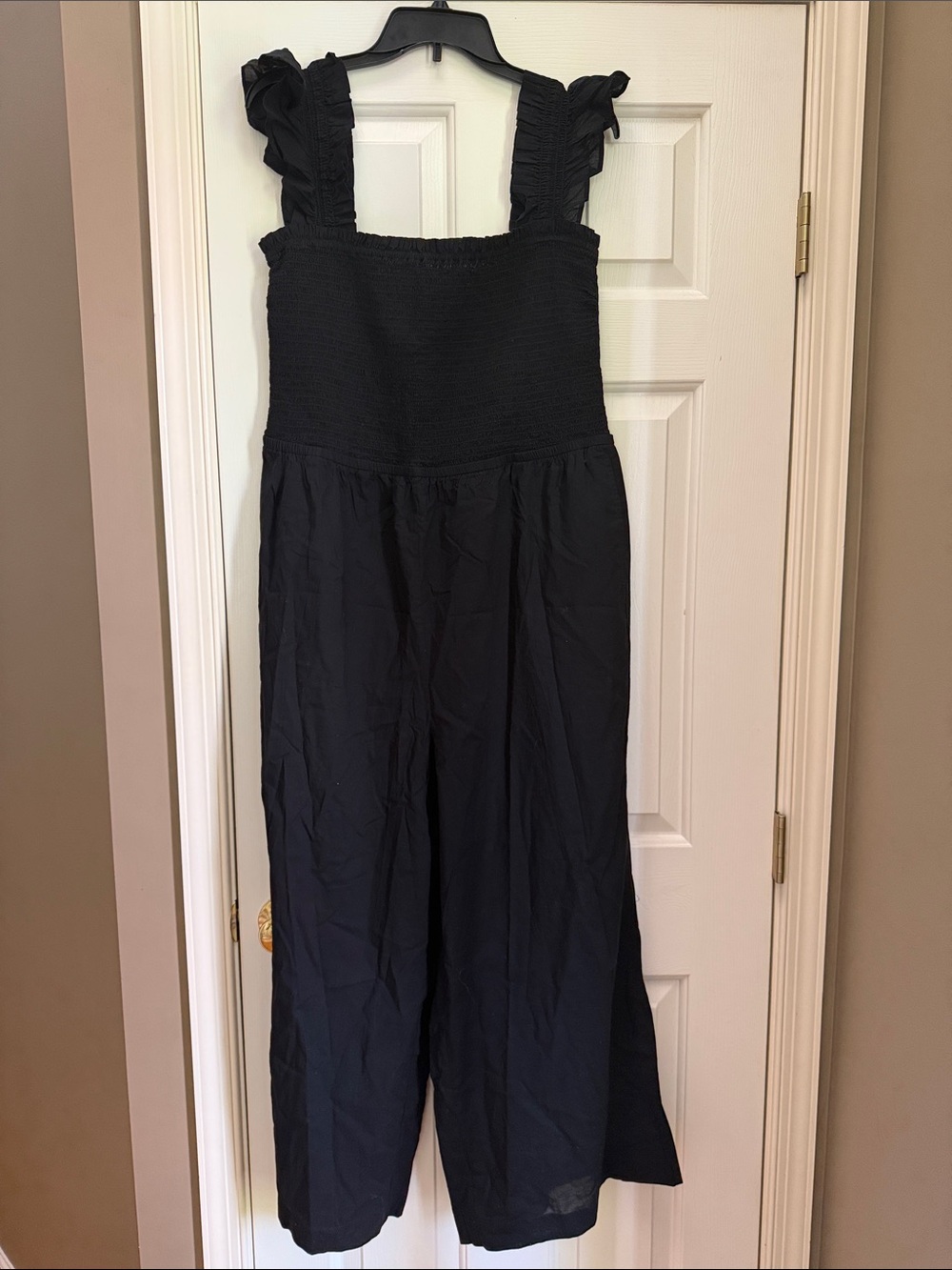LOFT Black Smocked Jumpsuit with Ruffle Straps
